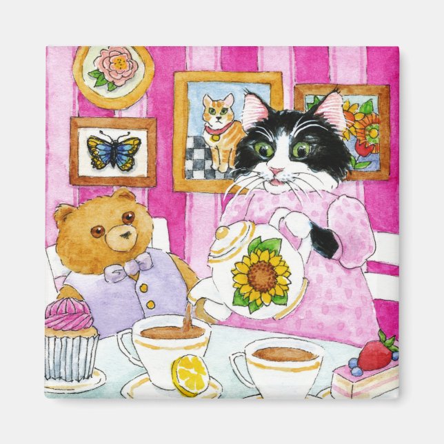 Cute chat, ours en peluche, thé, aimant de gâteau (Devant)