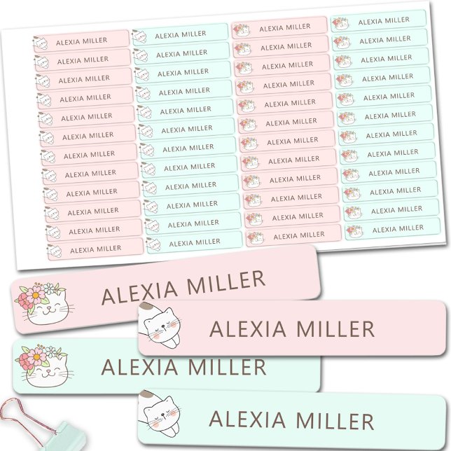 Cute Chat Rose Bleu Fille Nom de l'école Étiquette (Cute Cat Pink Blue Girl School Name Labels)