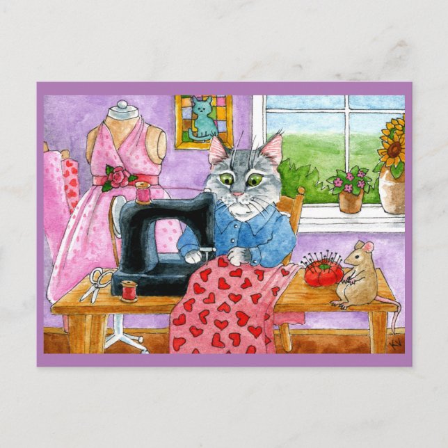 Cute Chat, Souris, couture couturière carte postal (Devant)