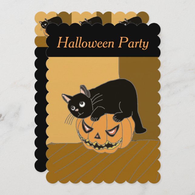 Cute Chat sur une invitation d'Halloween Citrouill (Devant / Derrière)