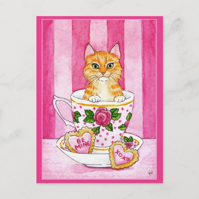 Cute chat tasse de thé Valentines Day carte postal (Devant)