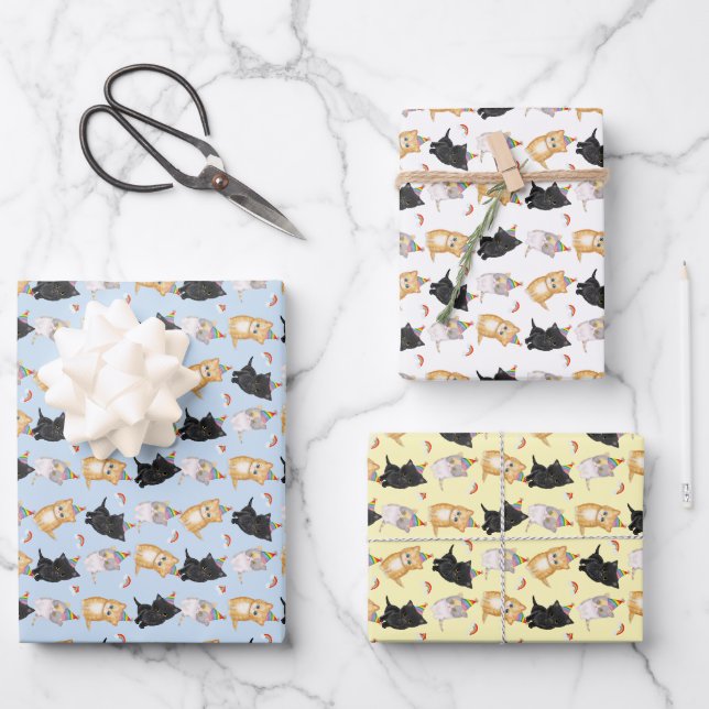 Cute chatons arc-en-ciel papier d'emballage d'anni (Recto)