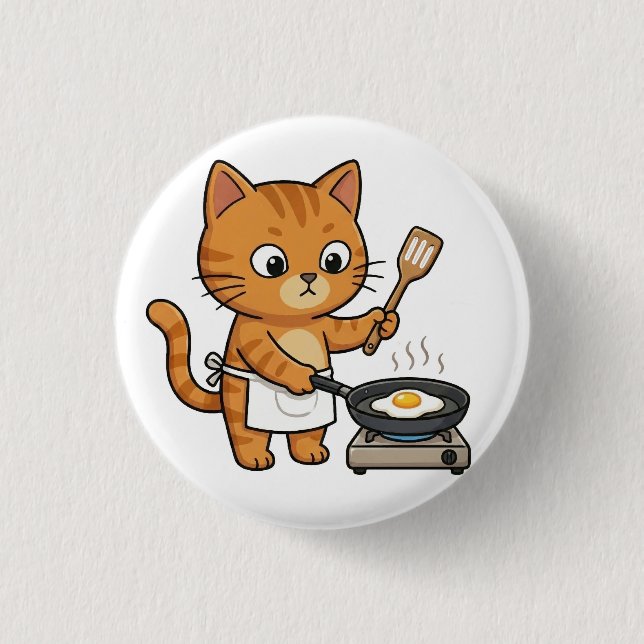 Cute Chef Cat Frying Egg Button (Vorderseite)