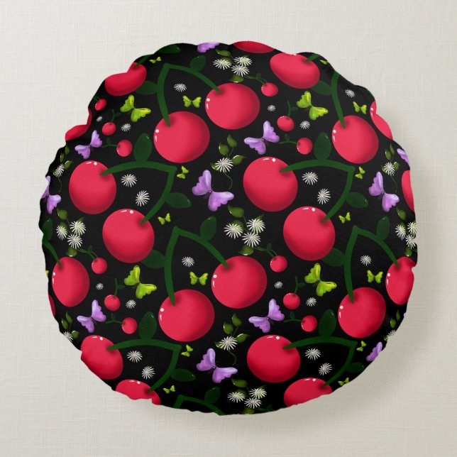 Cute Cherry Butterfly Pattern, Glossy Kawaii Fruit Rundes Kissen (Vorderseite)