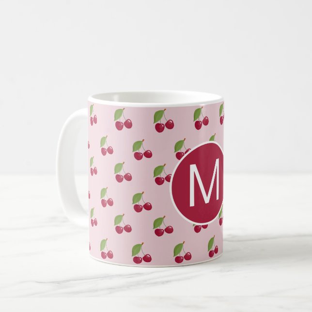 Cute Cherry Pattern Personalised Monogram Kaffeetasse (Vorderseite Links)