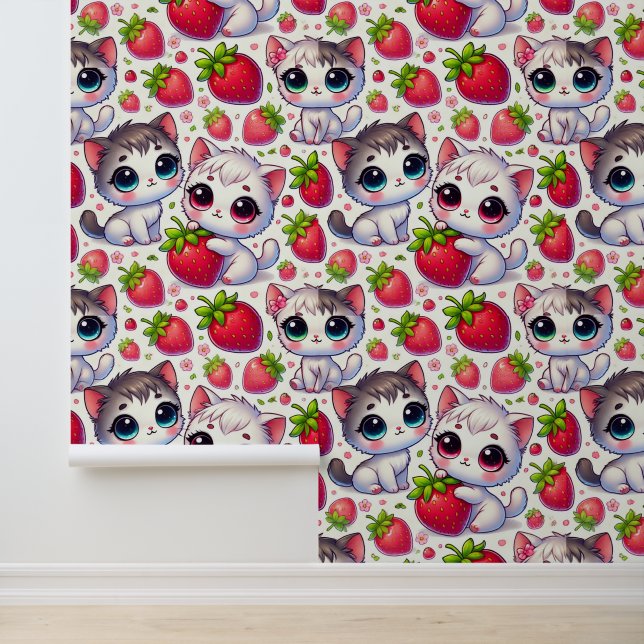 Cute Chibi Chats et Fraises Papier peint (Application)