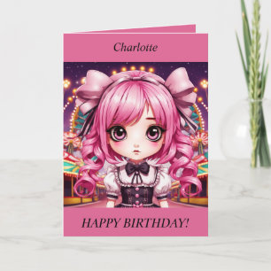 Cute Chibi Fille cheveux roses Carte Anniversaire