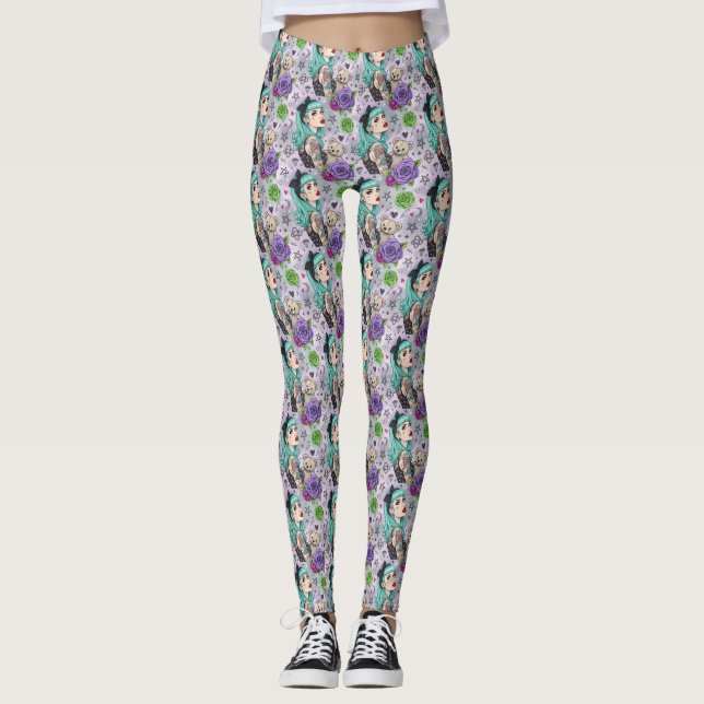 Cute Chibi Girl & Floral Pattern Leggings (Devant)