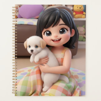 Cute Chibi Girl Hugging White Puppy Dog Planner Planer