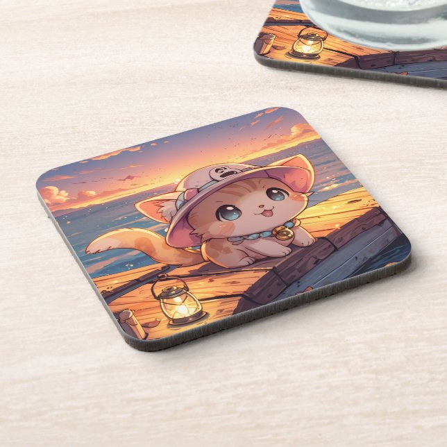 Cute Chibi Kitten at the Harbor Sunset – Whimsical Getränkeuntersetzer (Linke Seite)