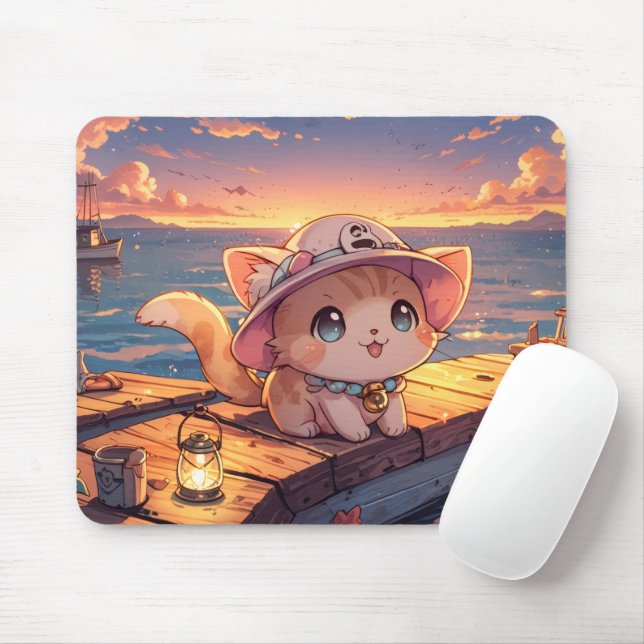 Cute Chibi Kitten at the Harbor Sunset – Whimsical Mousepad (Mit Mouse)
