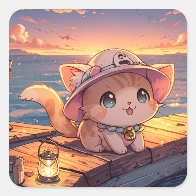Cute Chibi Kitten at the Harbor Sunset – Whimsical Quadratischer Aufkleber (Vorderseite)