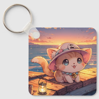 Cute Chibi Kitten at the Harbor Sunset – Whimsical Schlüsselanhänger