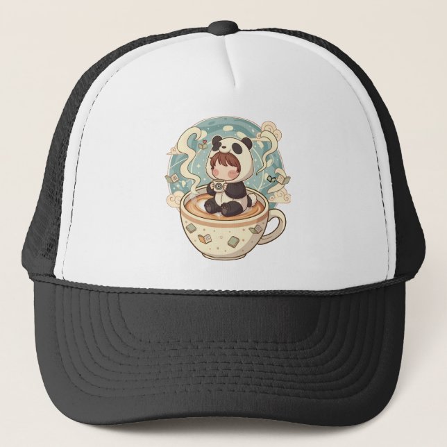 Cute Chibi Panda Embroidered Style Hat Truckerkappe (Vorderseite)
