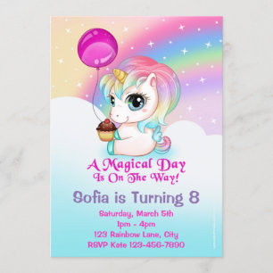 Cute Chibi Unicorn Invitations de fête d'anniversa