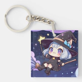 Cute Chibi Witch Flying in the Night Sky Schlüsselanhänger