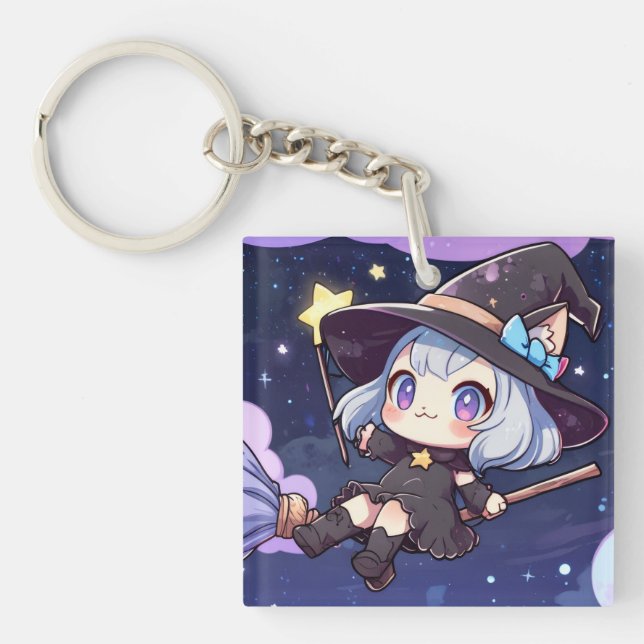 Cute Chibi Witch Flying in the Night Sky Schlüsselanhänger (Vorderseite)