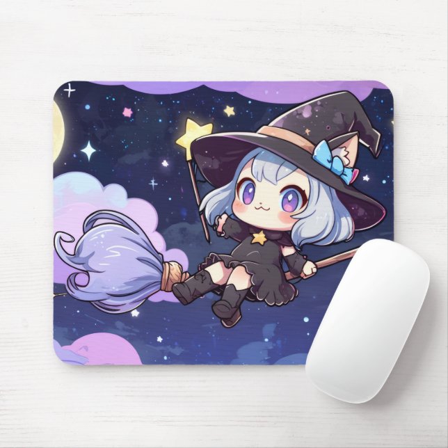 Cute Chibi Witch Flying in the Night Sky – Whimsic Mousepad (Mit Mouse)