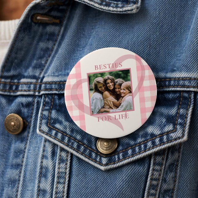 Cute Chic Pink Check Photo Besties Galentine's Day Button (Von Creator hochgeladen)