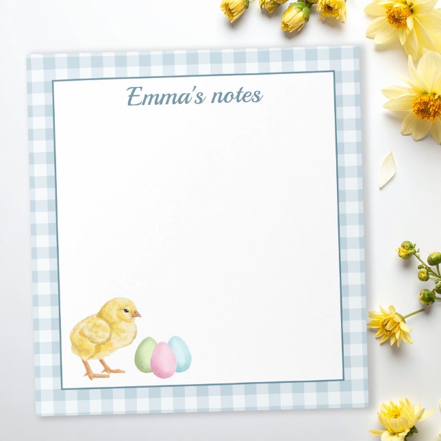 Cute Chick And Pastel Eggs On Blue Gingham Easter Notizblock (Von Creator hochgeladen)