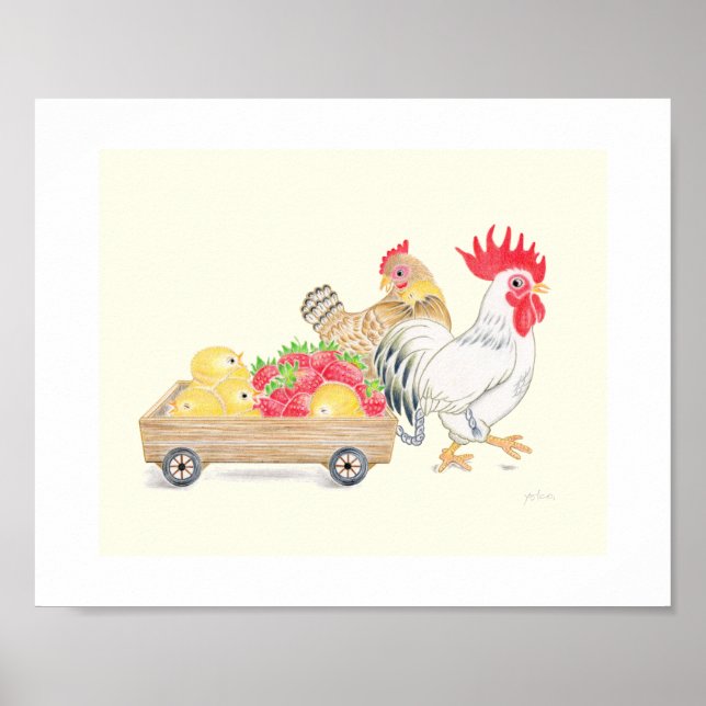 Cute Chicken Family Strawberries Nursery Art   Poster (Vorne)