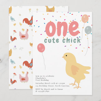 Cute Chickens Hens Chick Girl First 1st Birthday Einladung