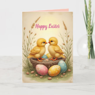 Cute chicks and colorful Easter eggs, nostalgic  Feiertagskarte