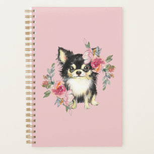 Cute Chihuahua Chiot et fleurs Aquarelle Art 