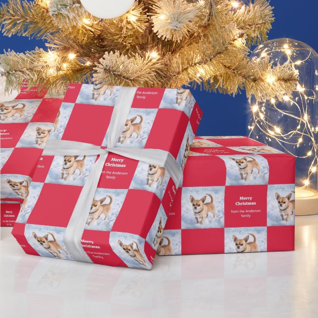 Cute Chihuahua Dog in Snow Red Christmas Geschenkpapier (Feiertage)