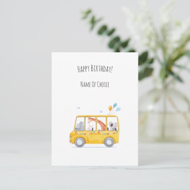 Cute Children Bus Animals Balloons Birthday Card Postkarte (Stehend Vorderseite)