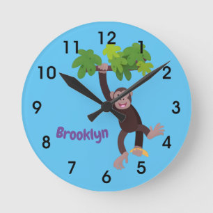 Cute chimpanzee in jungle hanging cartoon round cl runde wanduhr