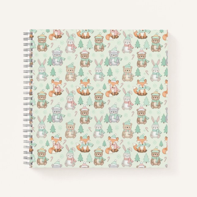 Cute Christmas Animals Seamless Pattern Notizbuch (Vorderseite)