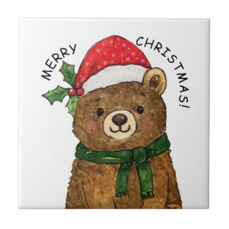 Cute christmas bear with santa hat fliese