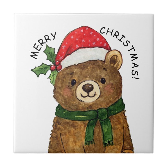 Cute christmas bear with santa hat fliese (Vorderseite)