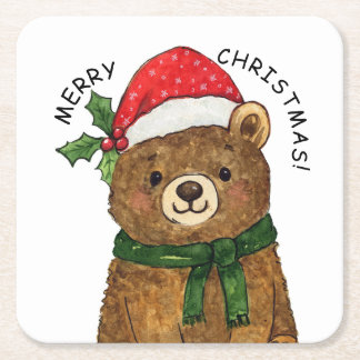 Cute christmas bear with santa hat rechteckiger pappuntersetzer