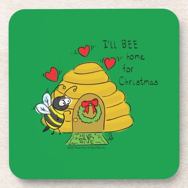 Cute Christmas Bee Funny Holiday Cartoon Getränkeuntersetzer (Vorderseite)