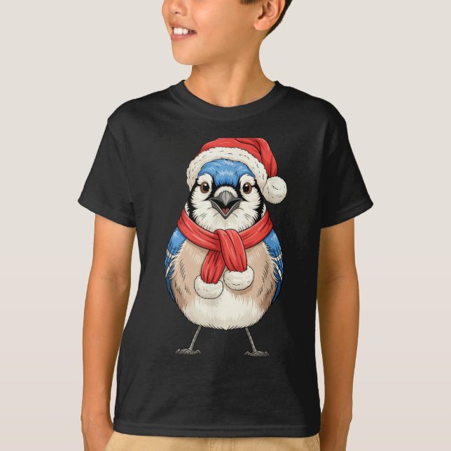 Cute Christmas Blue Jay Santa Bird Watching  T-Shirt (Vorderseite)