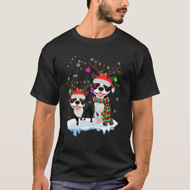 Cute Christmas Boston Terrier Santa Hats Reindeer  T-Shirt (Vorderseite)