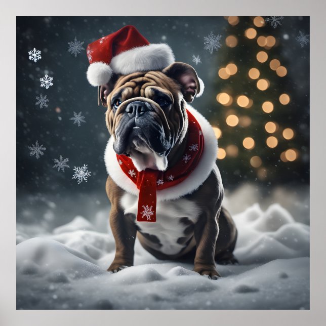Cute Christmas Bulldog with Santa Hat in Snow  Poster (Vorne)
