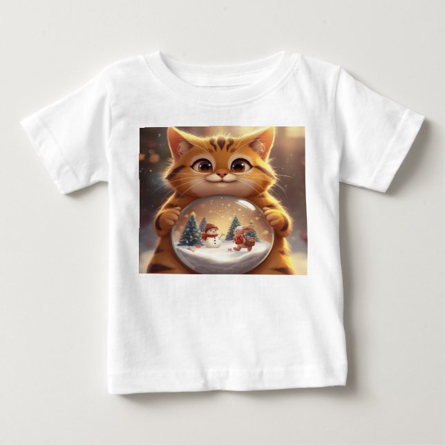 Cute Christmas Cat Holding Snow Globe Art Baby T-shirt (Vorderseite)