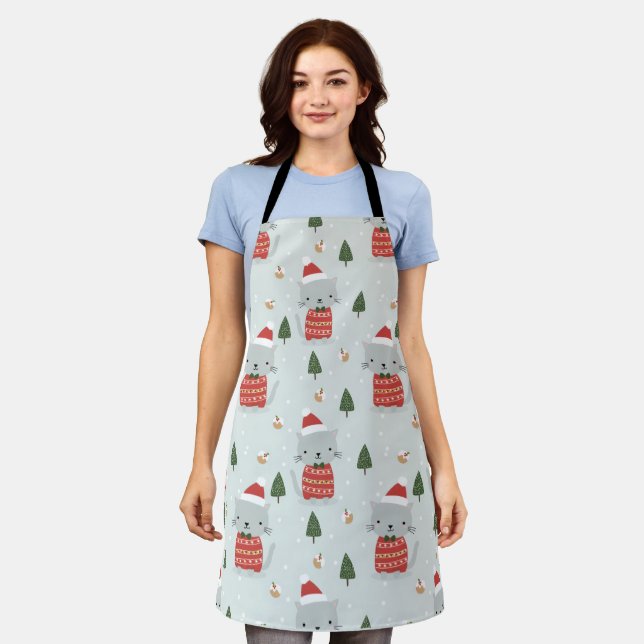 Cute Christmas Cat Pattern – Festive Holiday  Schürze (Getragen)