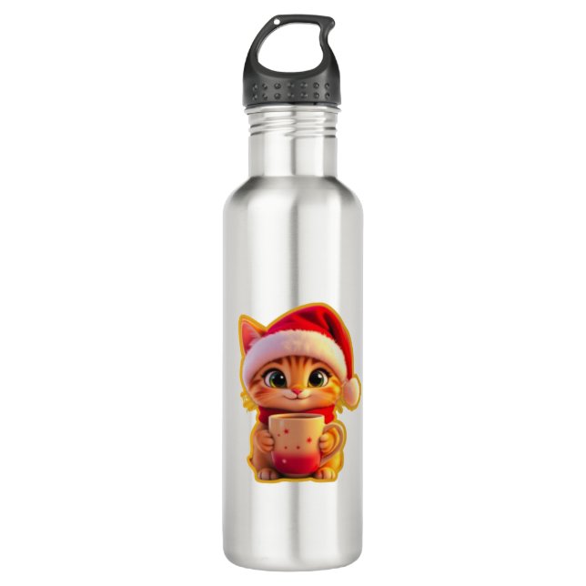 **Cute Christmas Cat with Santa Hat – Funny Holida Edelstahlflasche (Vorderseite)