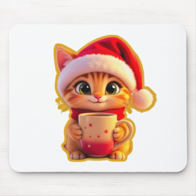 **Cute Christmas Cat with Santa Hat – Funny Holida Mousepad (Vorne)