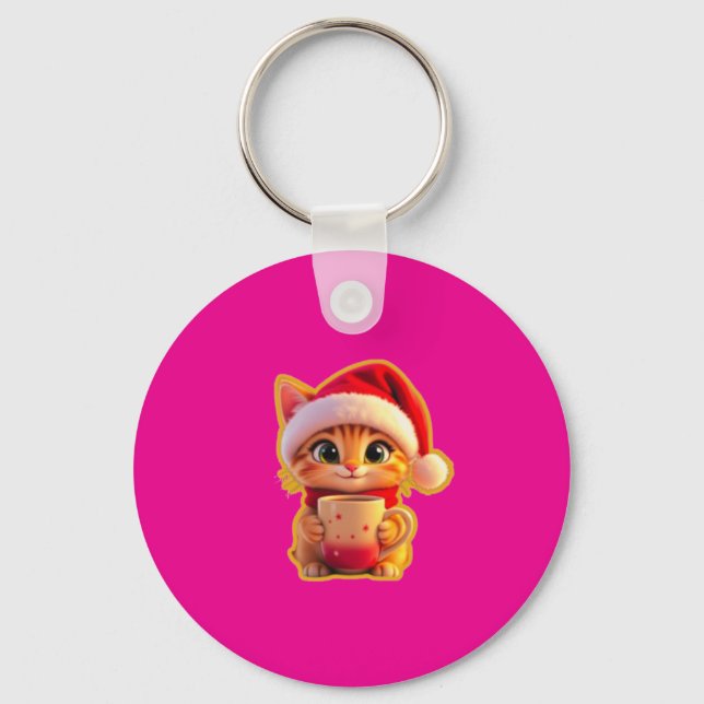 **Cute Christmas Cat with Santa Hat – Funny Holida Schlüsselanhänger (Vorderseite)