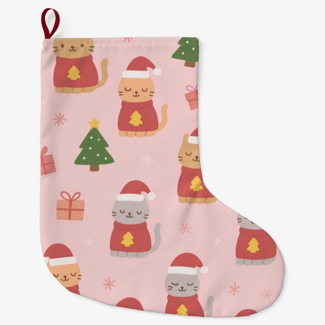 Cute Christmas Cats Pattern – Pink Holiday Design Großer Weihnachtsstrumpf (Vorderseite)