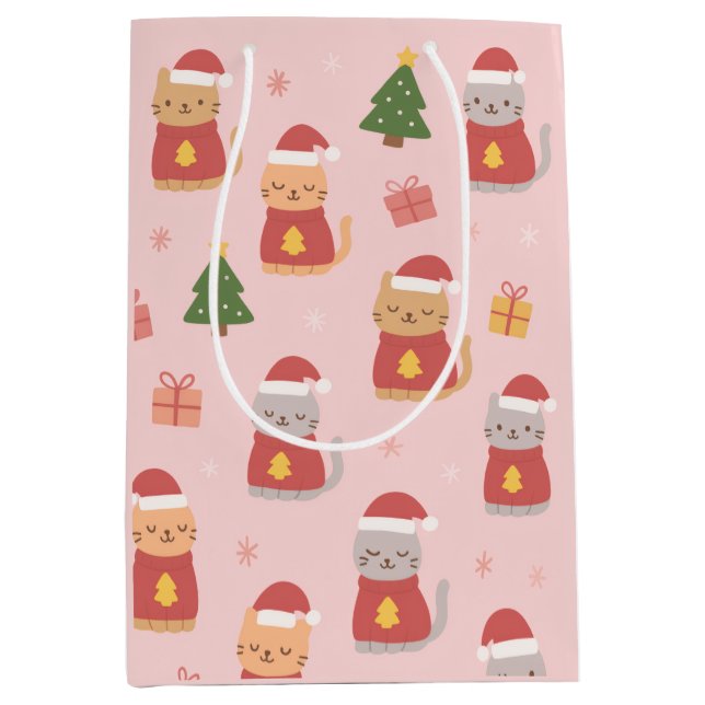 Cute Christmas Cats Pattern – Pink Holiday Design Mittlere Geschenktüte (Vorderseite)
