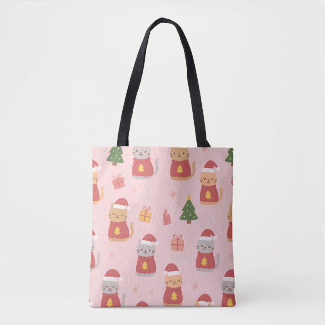 Cute Christmas Cats Pattern – Pink Holiday Design Tasche (Vorderseite)