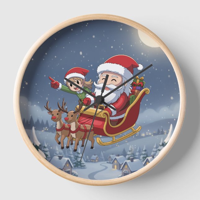 Cute Christmas Chibi Santa and Elf Clock Uhr (Vorderseite)
