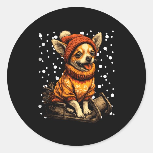 Cute Christmas Chihuahua Sledding In Snow Funny Wi Runder Aufkleber (Vorderseite)