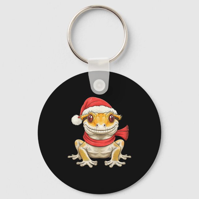 Cute Christmas Crested Gecko Santa  Schlüsselanhänger (Vorderseite)